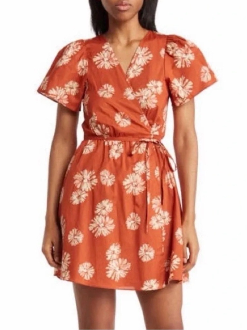 Madewell Floral Tie-Waist Short Sleeve Wrap Dress - Rust Orange